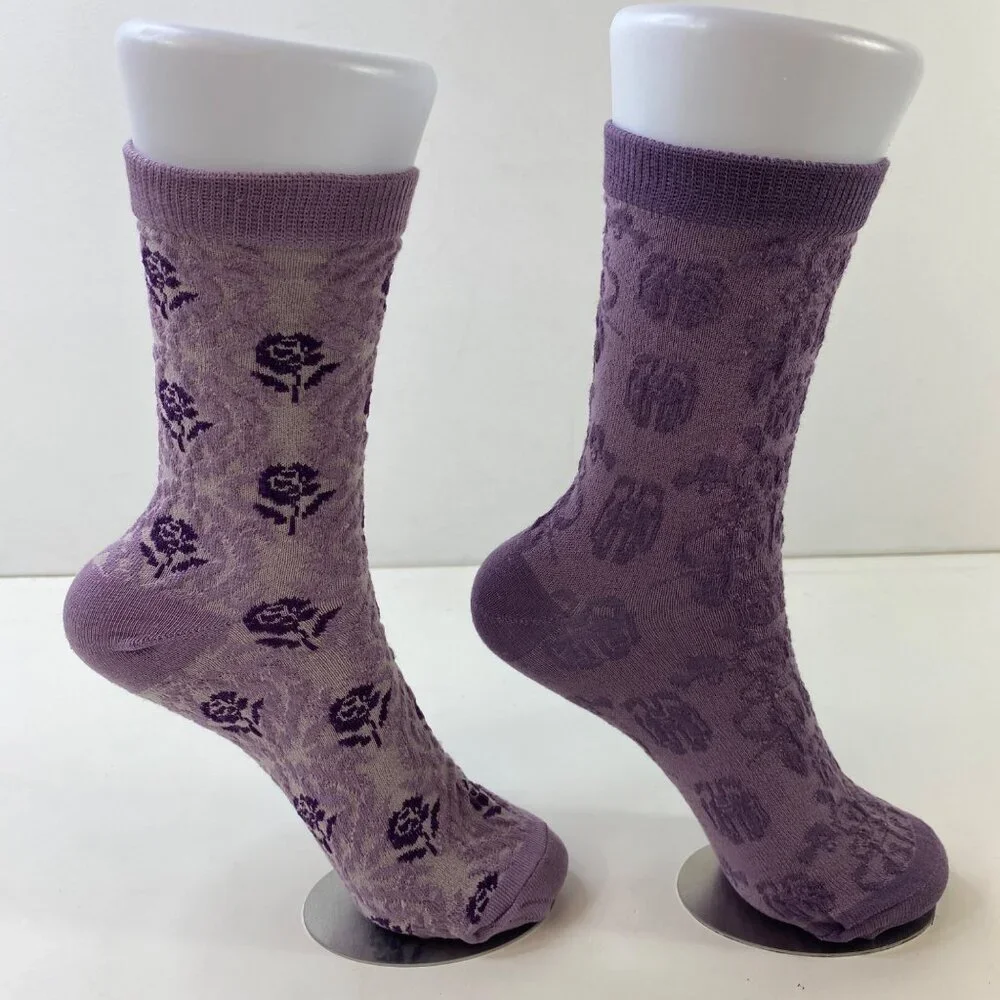 Womens Floral Patterned Crew Socks 2 Pack Rose Abstract Ribbed Cuff Purple
